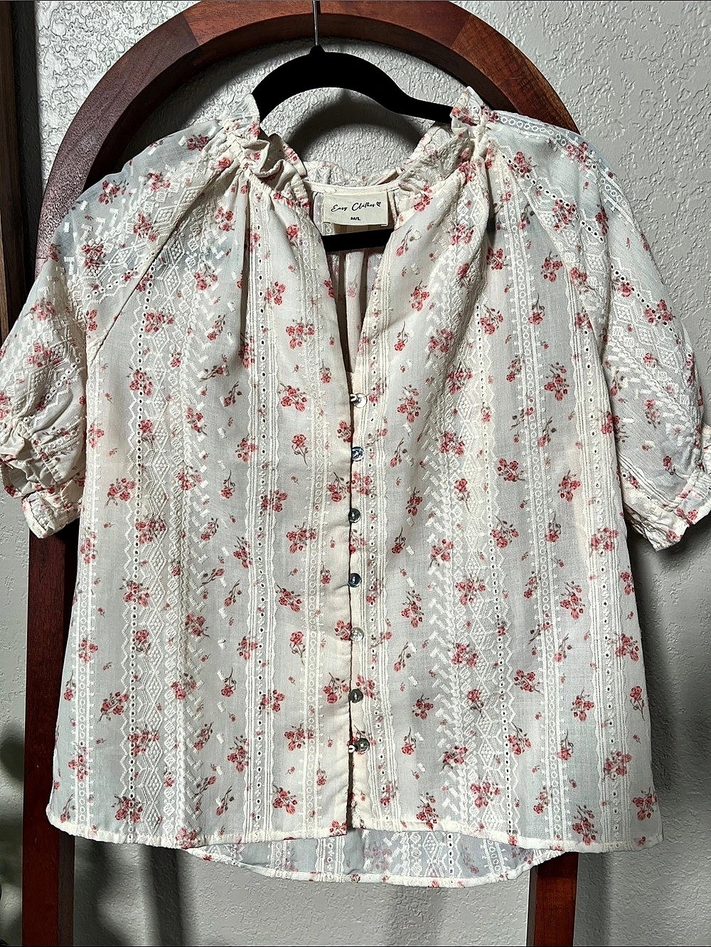 Easy Clothes Floral Blouse in Cream & Pink M/L NWOT